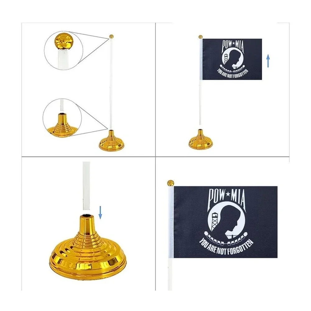 WXTWK 10 Pack POW MIA Desktop Table Flags with Golden Bases, 5.5 x 8.2 Inch Mini
